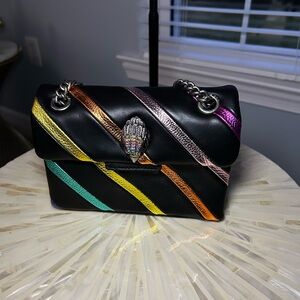Kurt Geiger Black Leather Shoulder Bag with Multicolor Metallic Diagonal Stripes